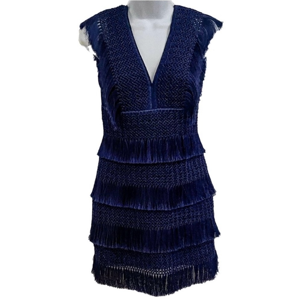 PatBo Plunge V-Neck Tiered Fringe Crochet Knit Tassel Mini Dress Size:6